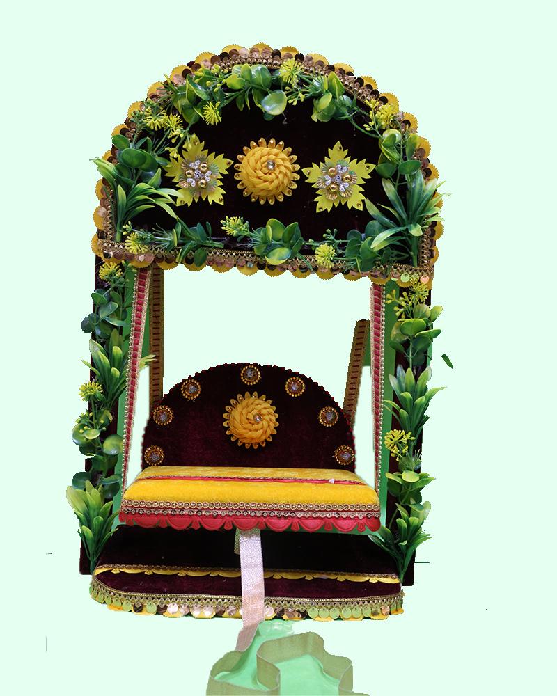 Ornate Laddu Gopal Jhula With Greenery & Yellow Flowers