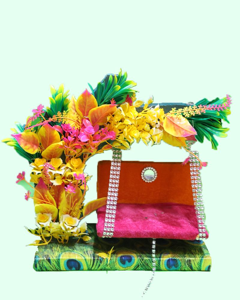 Peacock Base Laddu Gopal Swing With Floral Adornments