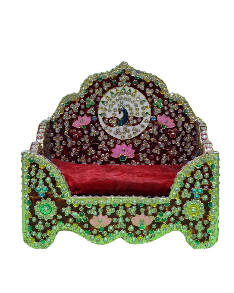 Peacock Themed Stone Studded Decorative Wooden Singhasan For Deity Idol