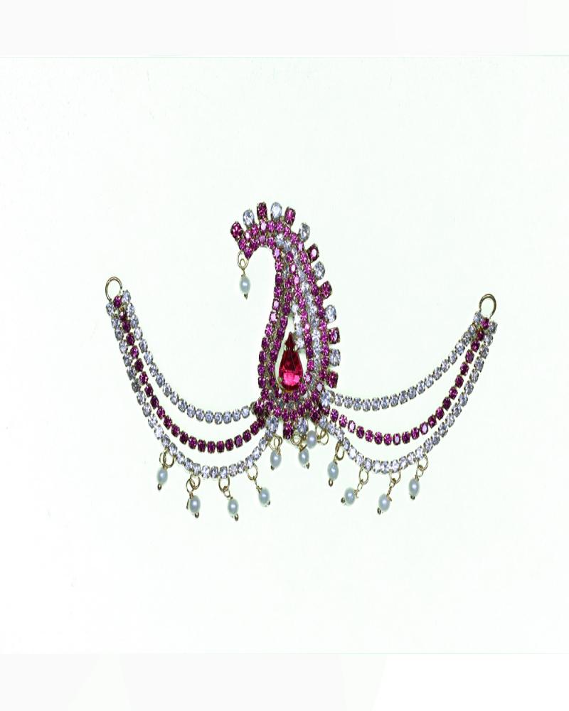 Pink Paisley Rhinestone Bridal Jewelry Adornment With Pearl Drops Elegant Curved Design