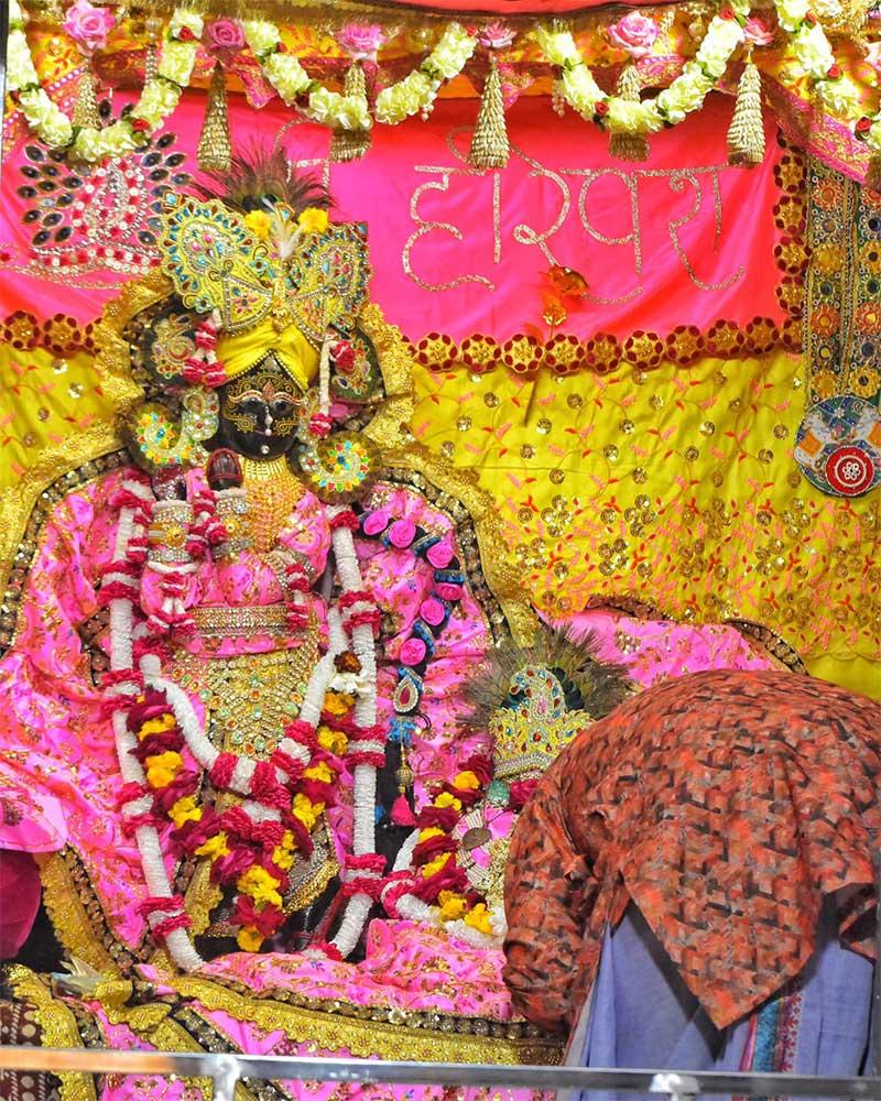 Radhaballav Ji Poshak in Bright Yellow Outfit with Vibrant Crown and Jewelry Radhaballav Ji Poshak in Bright Yellow Outfit with Vibrant Crown and Jewelry