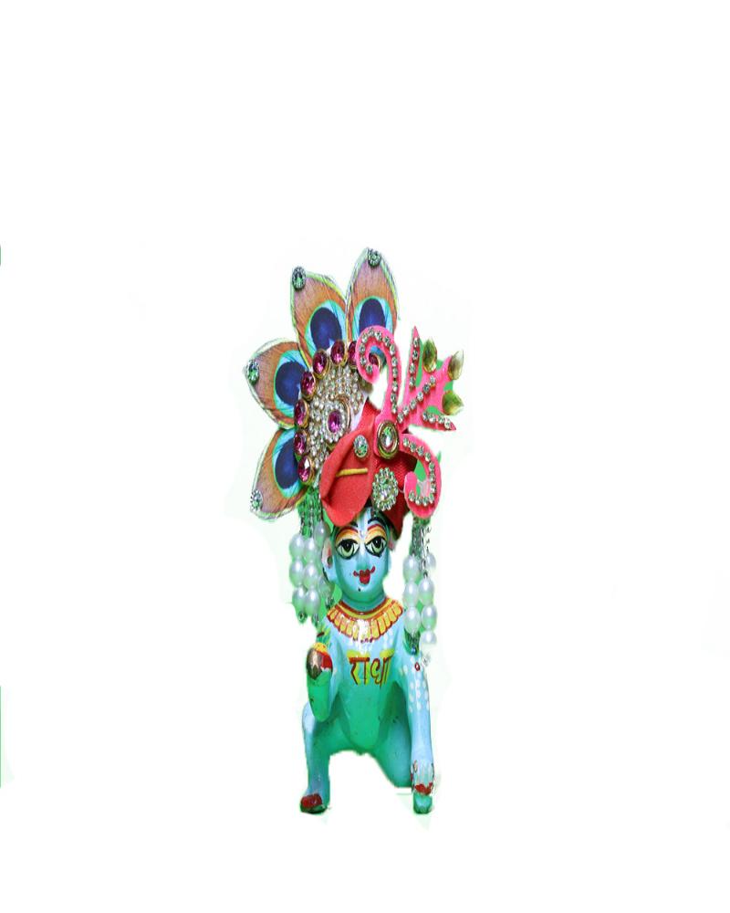 Red Laddu Gopal Pugree With Real Peacock Feather & Pearl Danglers