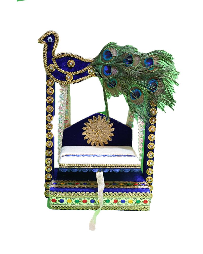 Royal Laddu Gopal Jhula With Peacock Design Blue & Gold Deity Swing