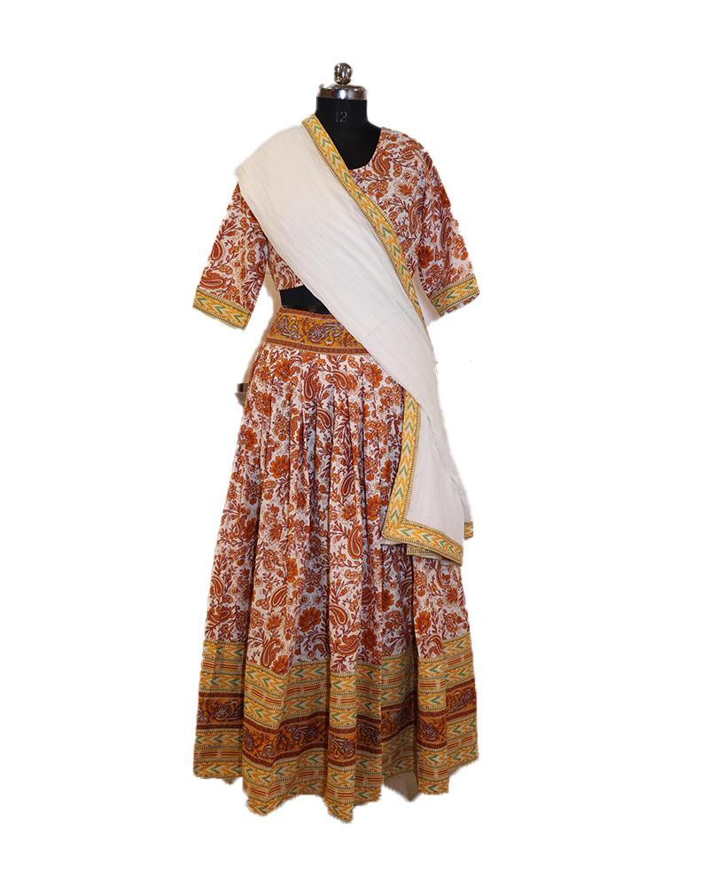 Rustic Orange & White Ethnic Lehenga Skirt Set For Women
