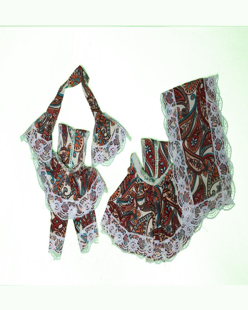 Rustic Paisley Print Radha Krishna Dress With White Lace Trim
