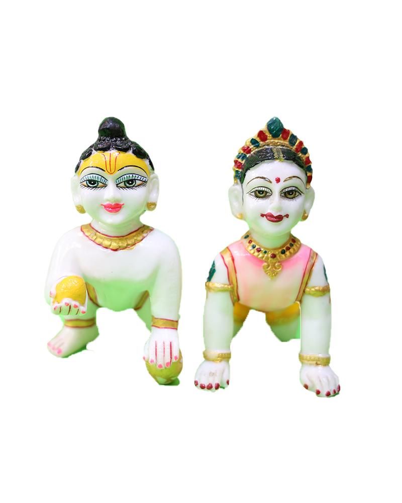 Set Of 2 White Bal Gopal Statues Hand-Painted Pink & Yellow Details
