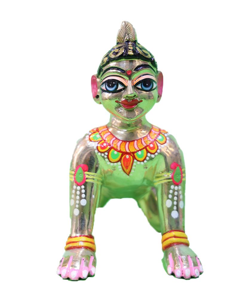 Shiny Gold-Green Baby Krishna Murti With Red & Yellow Accents