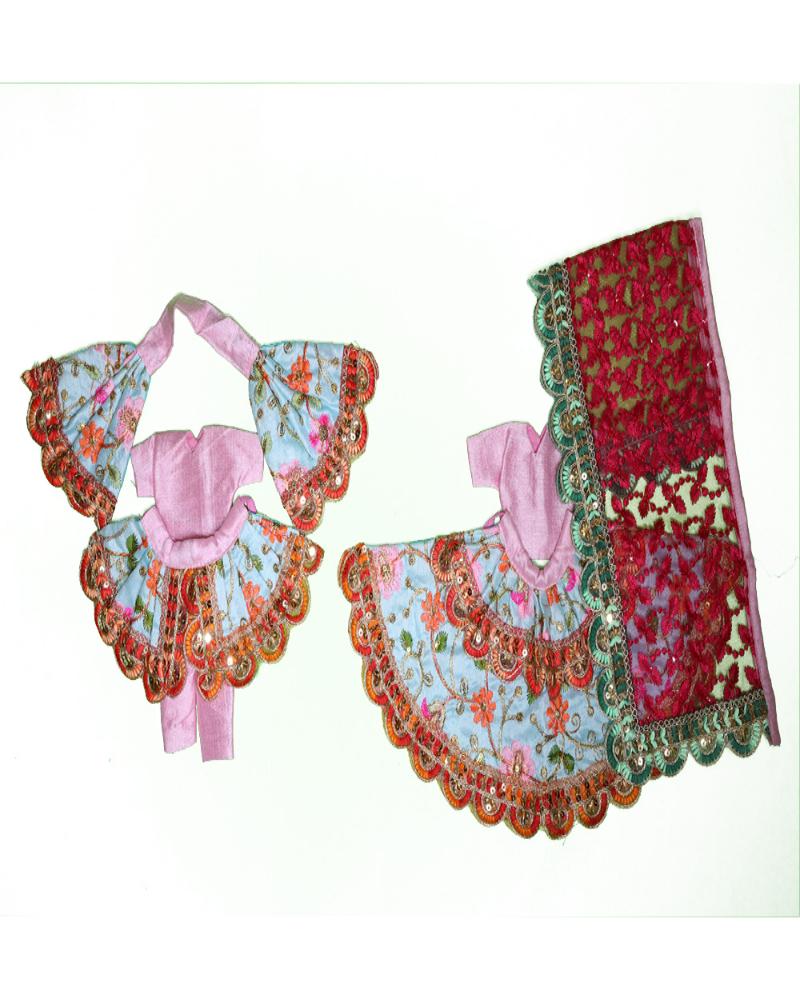 Sky Blue Pink Floral Sequin Radha Krishna Dress With Net Dupatta