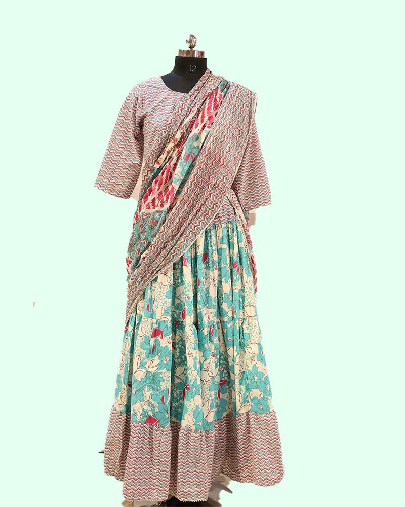 Traditional Handcrafted Anarkali Dress With Floral & Zigzag Print