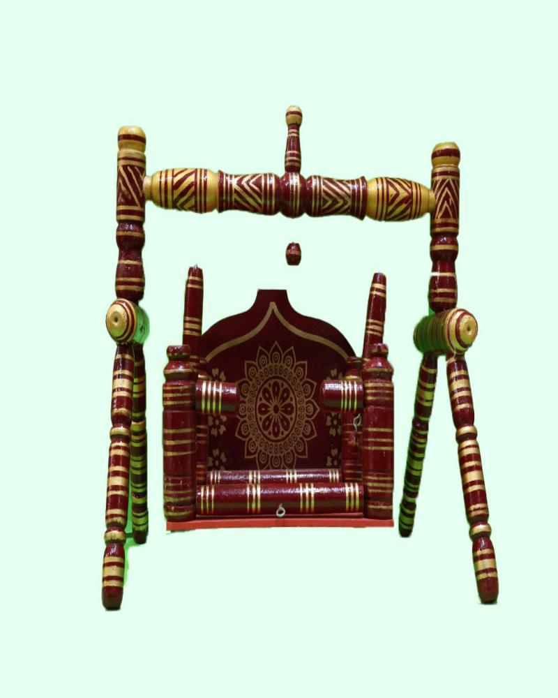 Traditional Wooden Laddu Gopal Jhula Red & Gold Hand-Painted Swing