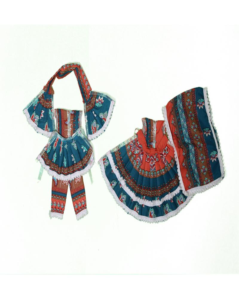 Unique Teal Orange Printed Traditional Radha Krishna Dress With Border Work