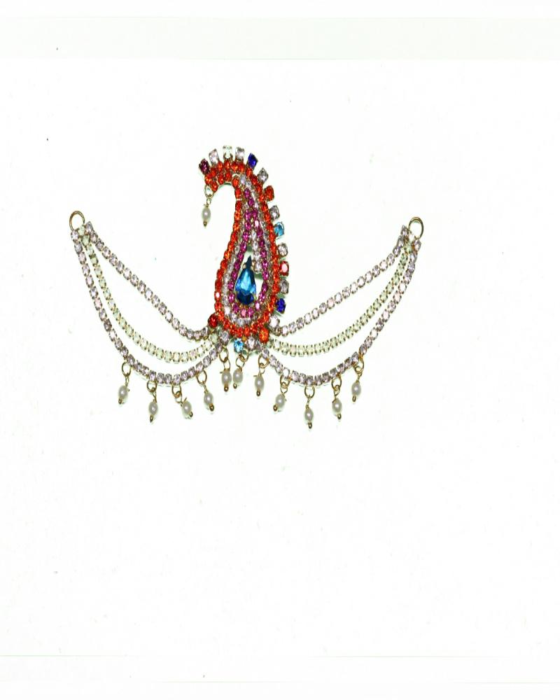Vibrant Orange & Blue Paisley Ornament With Layered Rhinestone Chains And Pearls