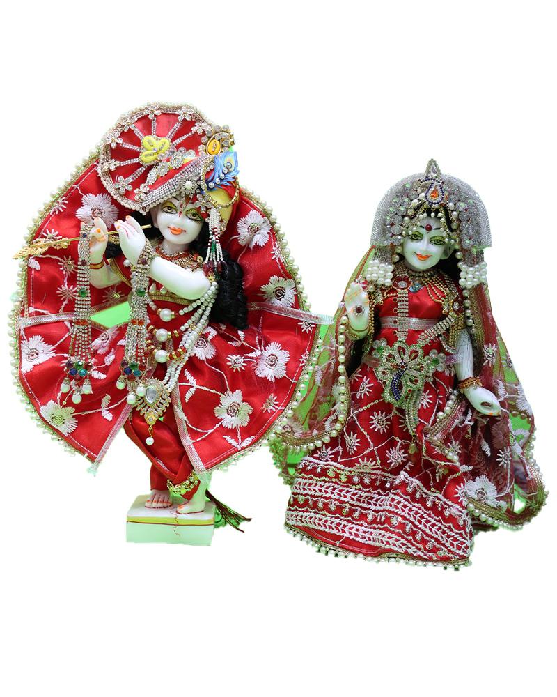 Vibrant Red Attire Radha Krishna Traditional Hindu Deities