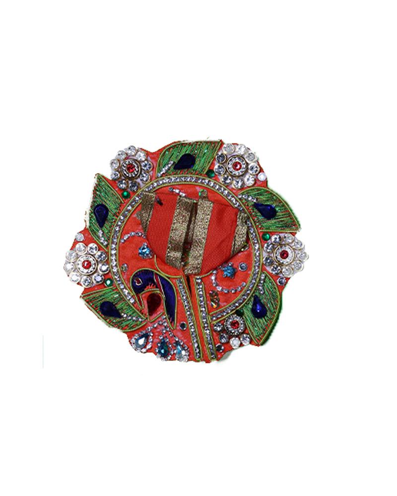Red Laddu Gopal Poshak With Peacock Motif & Rhinestone Work