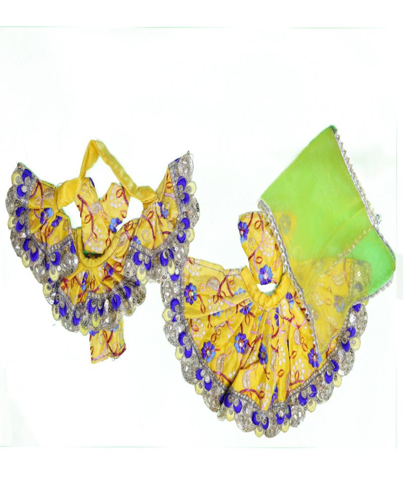 Vivid Yellow & Blue Floral Radha Krishna Dress With Silver Sequins
