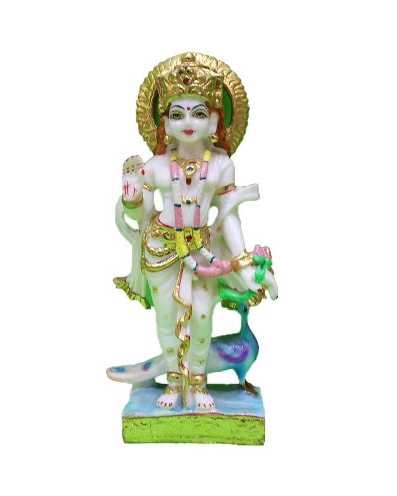 White Marble Deity With Peacock Golden Accents God Statue