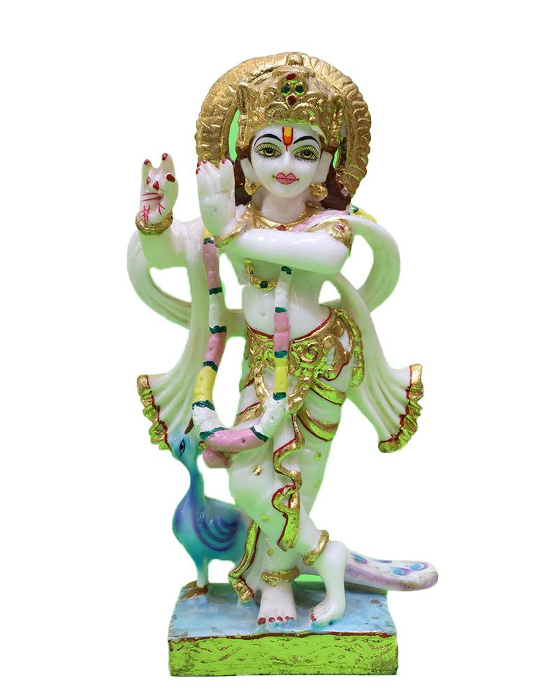 White Marble Krishna Idol With Gold Accents & Peacock Flute Playing Deity