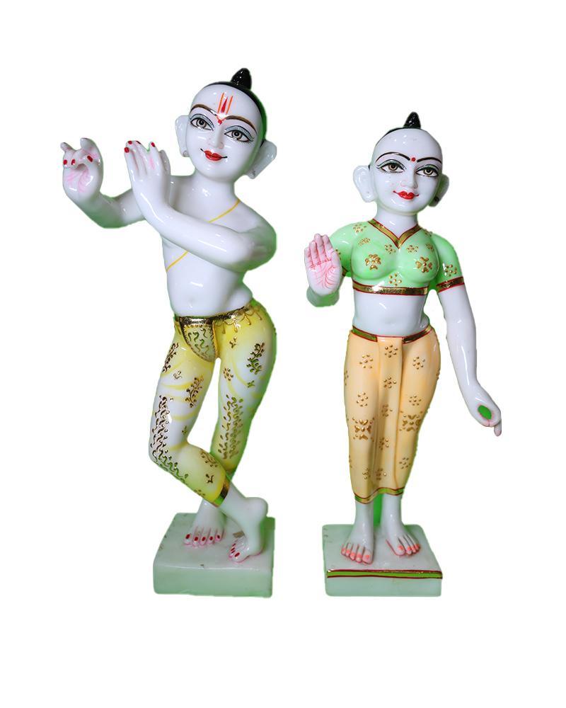 White Marble Radha Krishna Idols With Yellow & Green Attire Hand-Decorated Statues