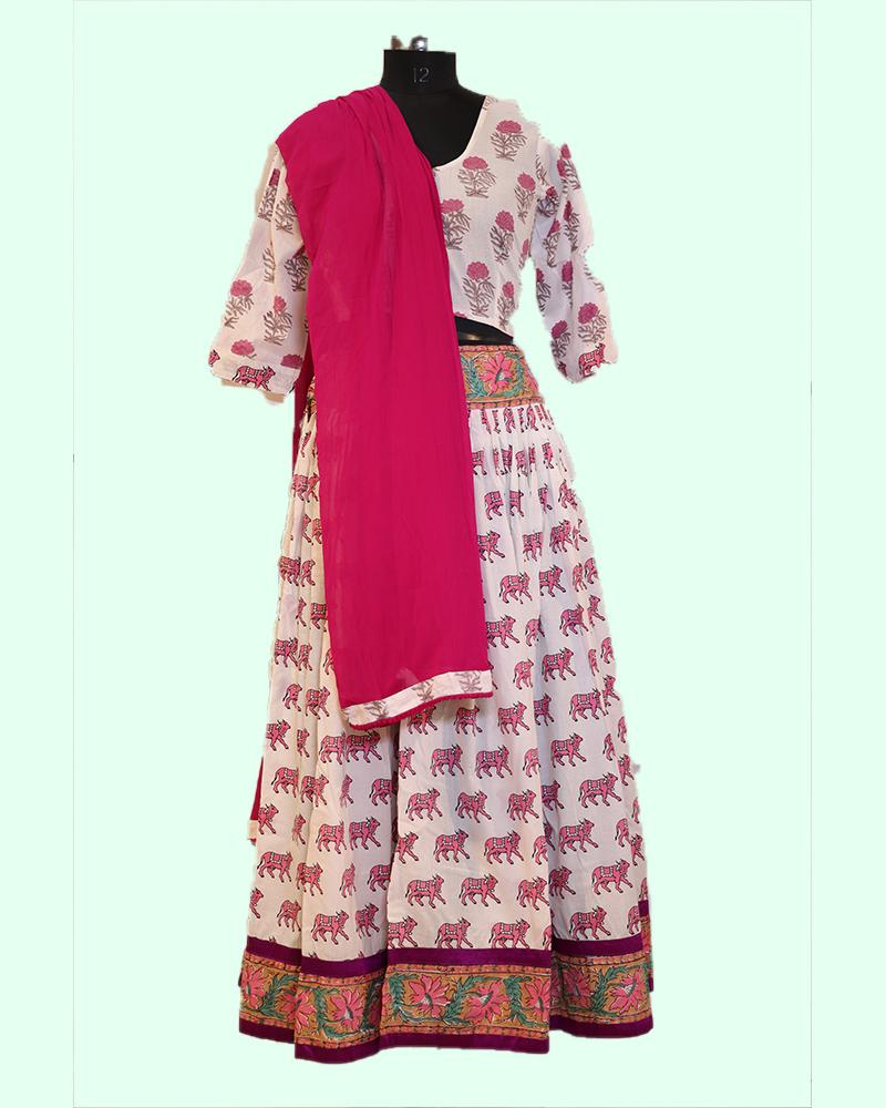 White & Pink Elephant Print Lehenga Choli Set With Dupatta