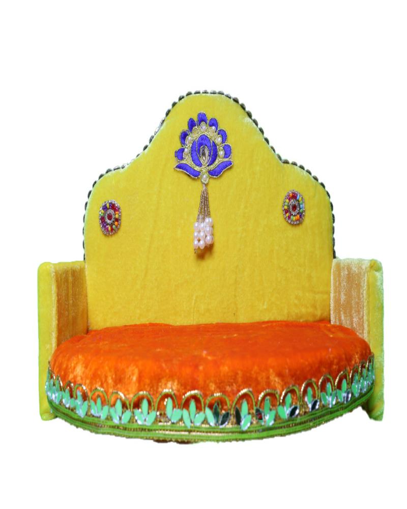 Yellow And Orange Velvet Singhasan With Decorative Pearl Tassel For Krishna Idol