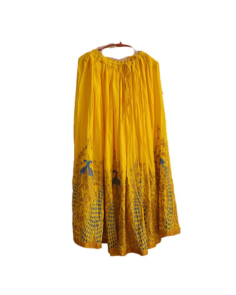 Yellow Skirt With Peacock Motif Cotton Long Skirt For Women